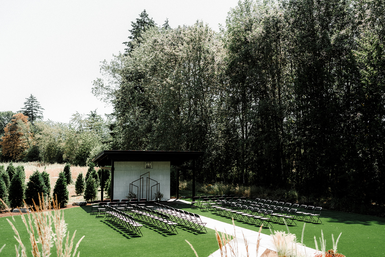 Outdoor ceremony site at Sage & Social beneath tall trees, photographed by Dionne Kraus Photography