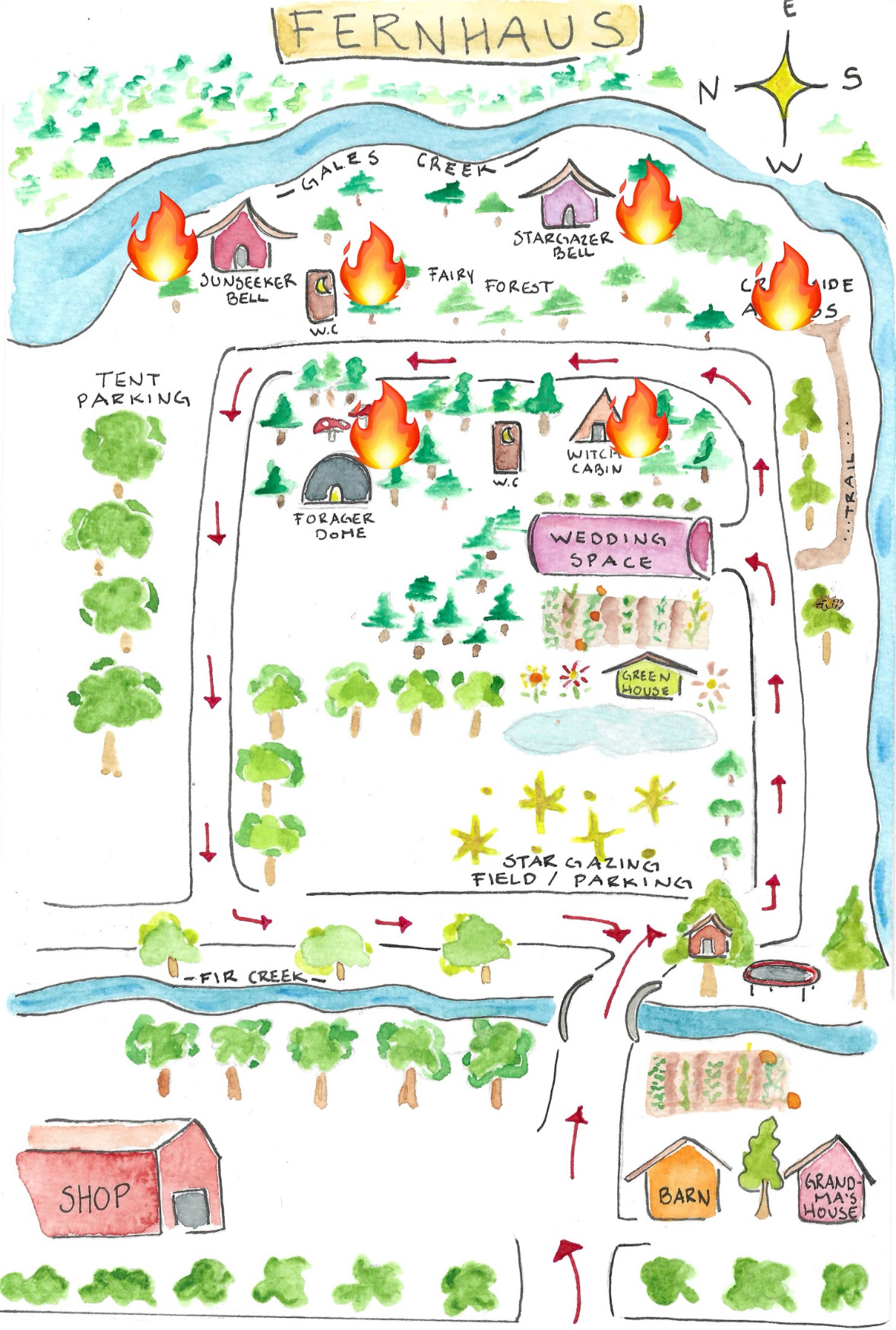 Hand-drawn watercolor map of the FernHaus property showing the wedding space, cabins, greenhouse, and stargazing field