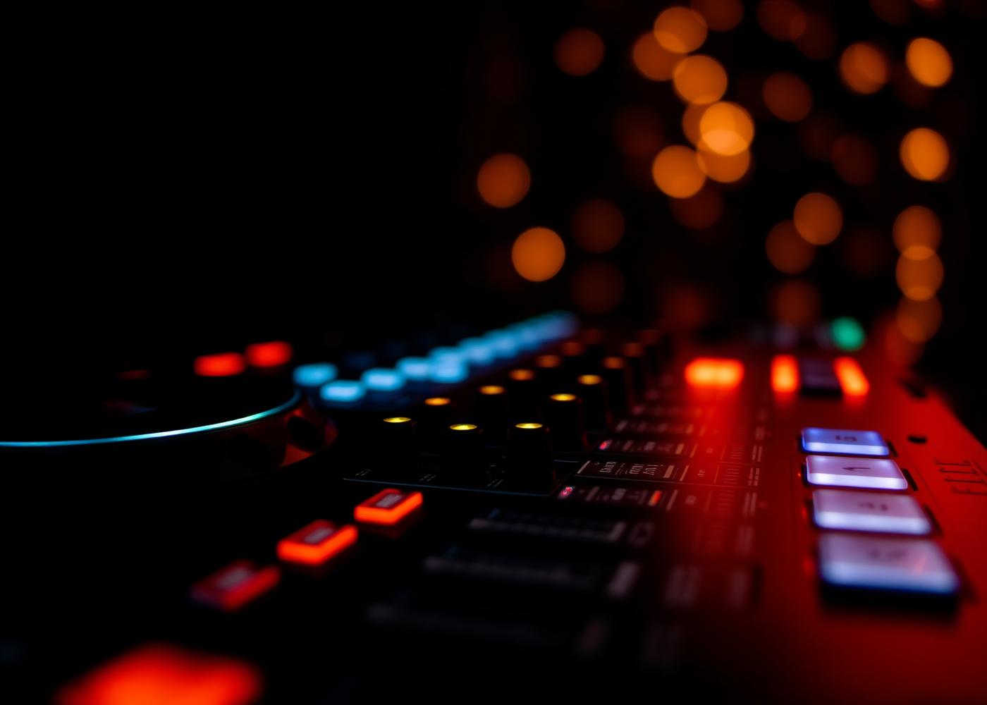 Professional DJ mixer, controller, and speakers set up for a wedding reception