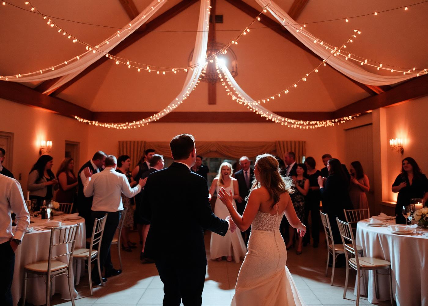 Wedding reception dance floor with warm string lights